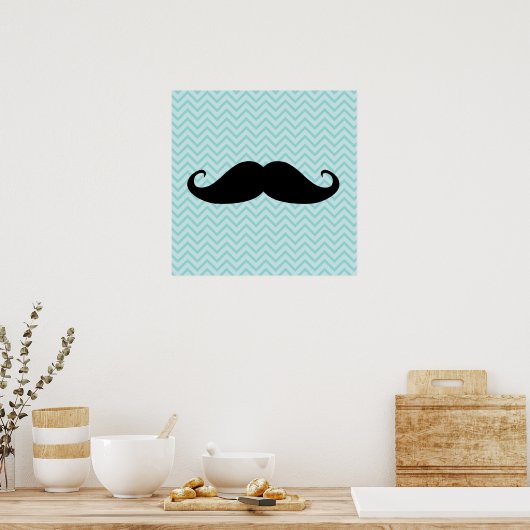 Funny Black Mustache en Blue Chevron Pattern Poster (Keuken)