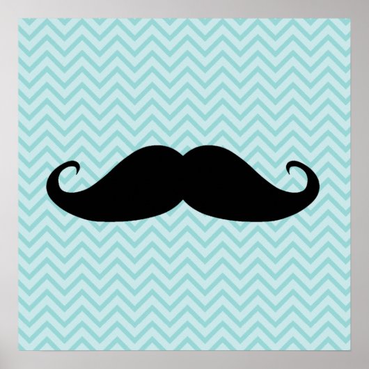 Funny Black Mustache en Blue Chevron Pattern Poster (Voorkant)