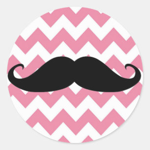 Funny Black Mustache en Roze Chevron Pattern Ronde Sticker