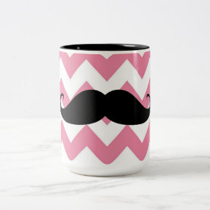 Funny Black Mustache en Roze Chevron Pattern Tweekleurige Koffiemok