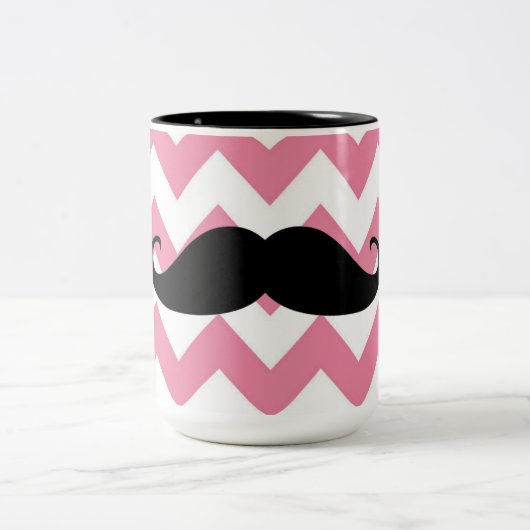 Funny Black Mustache en Roze Chevron Pattern Tweekleurige Koffiemok (Center)