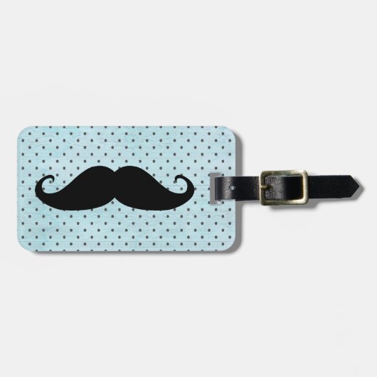 Funny Black Mustache op Blauwgroen blauwe pokadots Bagagelabel (Voorkant horizontaal)