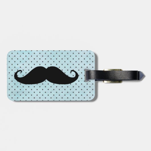 Funny Black Mustache op Blauwgroen blauwe pokadots Bagagelabel (Achterkant horizontaal)