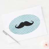 Funny Black Mustache op Blauwgroen blauwe pokadots Ovale Sticker (Envelop)