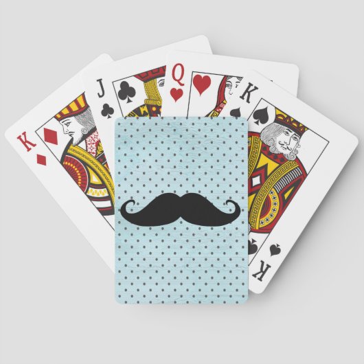 Funny Black Mustache op Blauwgroen blauwe pokadots Pokerkaarten (Achterkant)