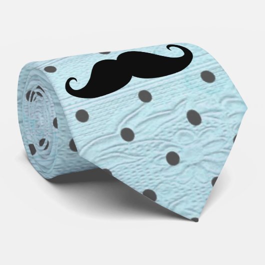 Funny Black Mustache op Blauwgroen blauwe pokadots Stropdas (Opgerold)
