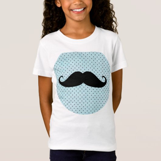 Funny Black Mustache op Blauwgroen blauwe pokadots T-shirt (Voorkant)