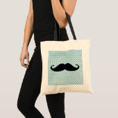 Funny Black Mustache op Blauwgroen blauwe pokadots Tote Bag (Voorkant (product))