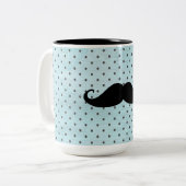 Funny Black Mustache op Blauwgroen blauwe pokadots Tweekleurige Koffiemok (Voorkant links)