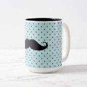 Funny Black Mustache op Blauwgroen blauwe pokadots Tweekleurige Koffiemok (Voorkant rechts)