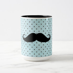 Funny Black Mustache op Blauwgroen blauwe pokadots Tweekleurige Koffiemok