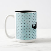 Funny Black Mustache op Blauwgroen blauwe pokadots Tweekleurige Koffiemok (Links)