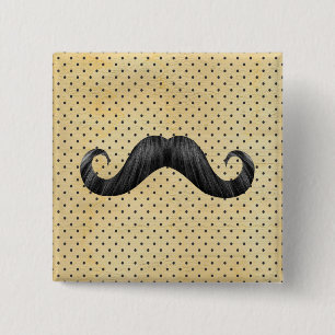 Funny Black Mustache op  gele pokadots Vierkante Button 5,1 Cm