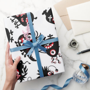 FUNNY BLACK SCARY MONSTERS WRAPPING PAPER CADEAUPAPIER