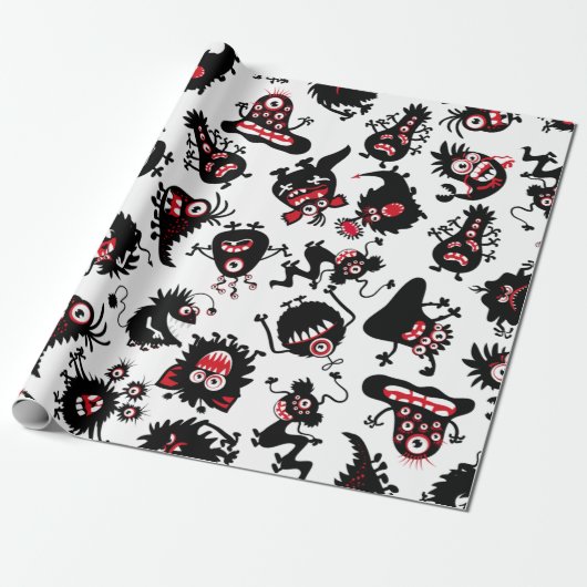 FUNNY BLACK SCARY MONSTERS WRAPPING PAPER CADEAUPAPIER (Uitgerold)