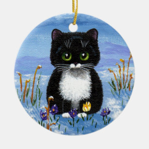 Funny Black Tuxedo Cat Winter Snow Creationarts Keramisch Ornament