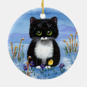 Funny Black Tuxedo Cat Winter Snow Creationarts Keramisch Ornament (Achterkant)