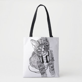 Funny Black & White Cat in hoofdtelefoonillustrati Tote Bag