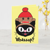 Funny Blank Inside Cartoon Cat met Sock Monkey Pet Kaart (Gele Bloem)