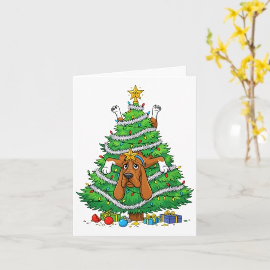 Funny Bloodhound Dog Christmas Tree Lights Kids Me Kaart (Gele Bloem)