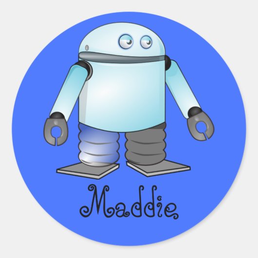 Funny Blue Cartoon Robot Ronde Sticker (Voorkant)