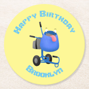 Funny blue cement mixer cartoon illustratie ronde kartonnen onderzetter