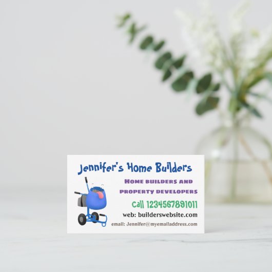 Funny blue cement mixer cartoon illustratie visitekaartje (Staand voorkant)