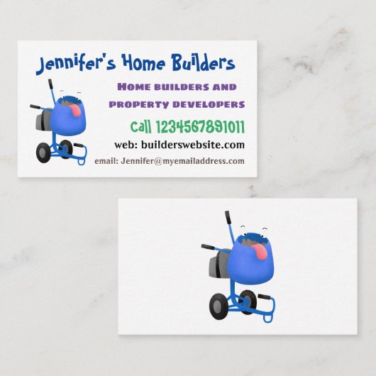Funny blue cement mixer cartoon illustratie visitekaartje (Voorkant / Achterkant)