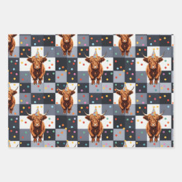 Funny Blue Checkered Highland Cow Birthday Inpakpapier Vel
