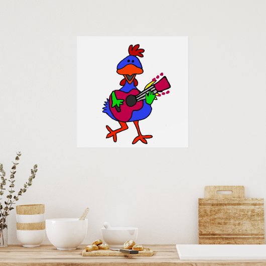 Funny Blue Chicken Spelling Paars Guitar Poster (Keuken)