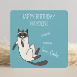 Funny Blue Eyes Siamese Cat Birthday Kaart<br><div class="desc">Een perfecte vierkante blauwe verjaardagskaart met een zachte miauw voor de verjaardag van een vriend of familie,  voorzien van een blauwe ogen Siamese kattenillustratie. Alle teksten kunnen gemakkelijk met uw eigen naam en bericht worden gepersonaliseerd. De schattige kat is een origineel kunstwerk digitaal gemaakt door artbybiyan.</div>