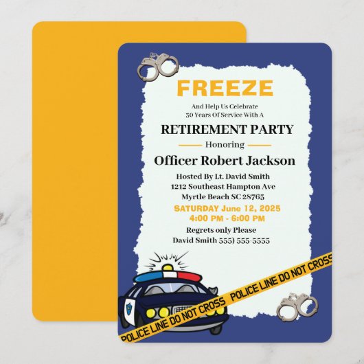 Funny Blue Police Officer Retirement Party Invita Kaart (Voorkant / Achterkant)