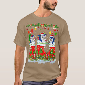 Funny Blue Shark In Xmas Socks Lights Blue Shark C T-shirt