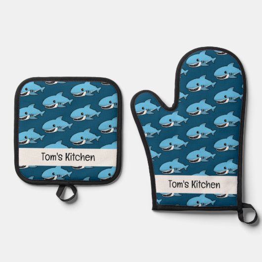 funny blue shark (name) ovenwant & pannenlap set (Voorkant)