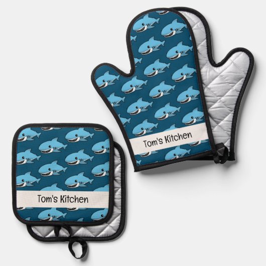 funny blue shark (name) ovenwant & pannenlap set (Voorkant / Achterkant)