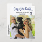 Funny Blue Text Save the Wedding Date with Dog Briefkaart (Voorkant / Achterkant)
