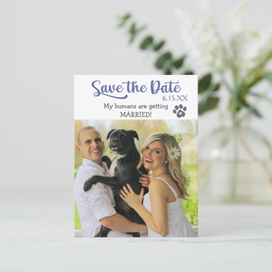Funny Blue Text Save the Wedding Date with Dog Briefkaart (Staand voorkant)