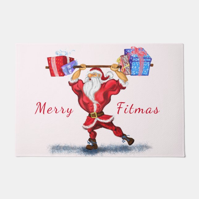 Funny Bodybuilder Santa Claus met kerstcadeaus Deurmat (Voorkant)