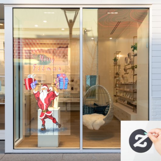 Funny Bodybuilder Santa Claus met kerstcadeaus Raamsticker (Winkelraam)
