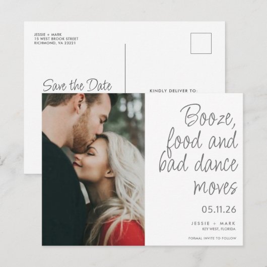 Funny Booze Food Bad Dance Moves Save the Date Aankondigingskaart (Voorkant / Achterkant)