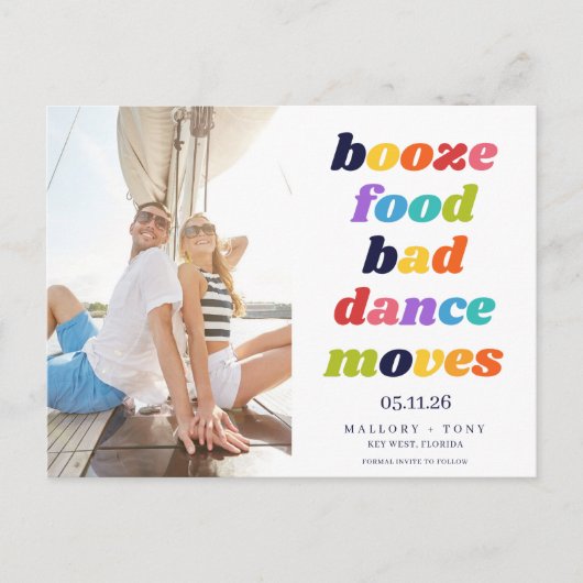 Funny Booze Food Bad Dance Moves Save the Date Aankondigingskaart (Voorkant)