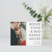 Funny Booze, Food, Bad Dance Moves Sparen Dates Aankondigingskaart (Staand voorkant)
