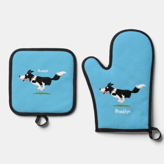 Funny Border Collie cartoon Ovenwant & Pannenlap Set (Voorkant)