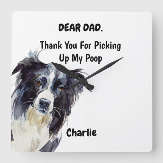 Funny Border Collie Dad Waterverf Canine Art Vierkante Klok (Voorkant)