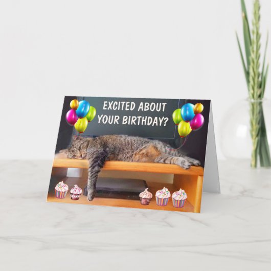 Funny Bored Cat Birthday Folded Wenskaart Kaart (Voorkant)