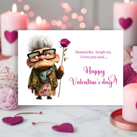 Funny Bored Old Lady Valentine Card Whimsical Feestdagenkaart