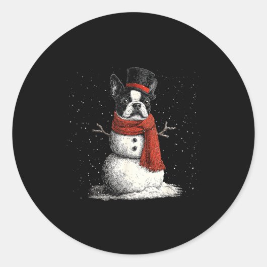 Funny Boston Terrier Dog Christmas Snowman Xmas Pa Ronde Sticker (Voorkant)