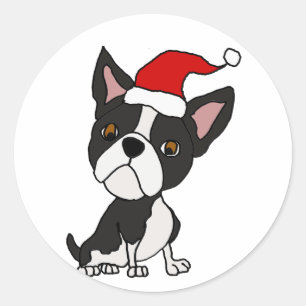 Funny Boston Terrier Dog in Santa Hat Kerstmis Ronde Sticker