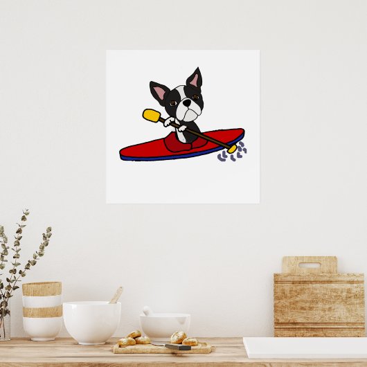 Funny Boston Terrier Dog Kayaking Cartoon Poster (Keuken)