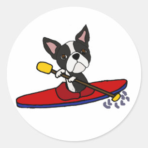 Funny Boston Terrier Dog Kayaking Cartoon Ronde Sticker